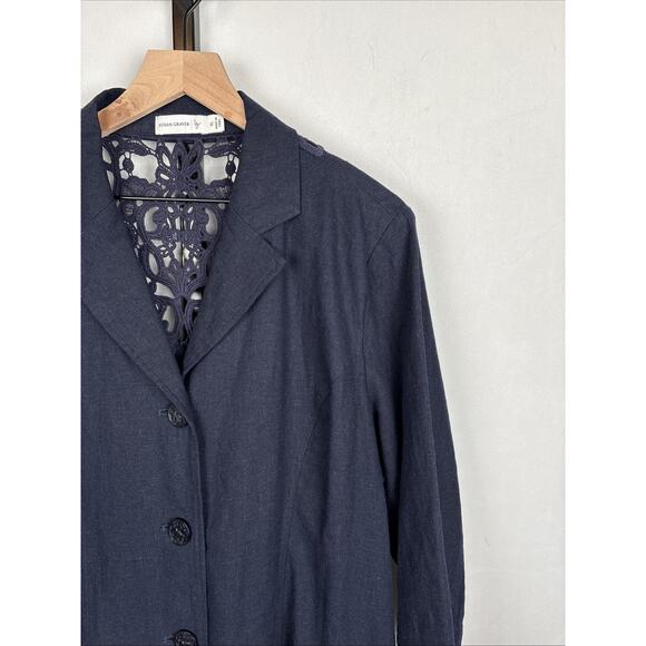Susan Graver Linen Blend Blazer Jacket XL Navy Blue Crochet Detail Boho Classic - Picture 2 of 12
